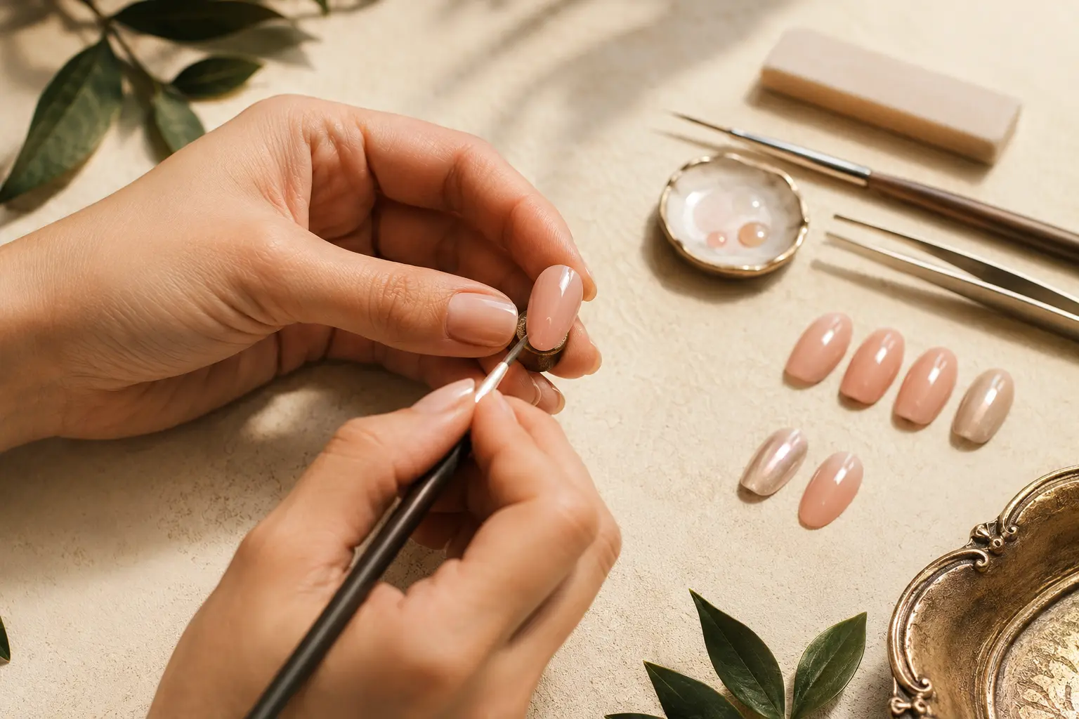 VELNORAYA press-on nail details arranged in an editorial studio setting.