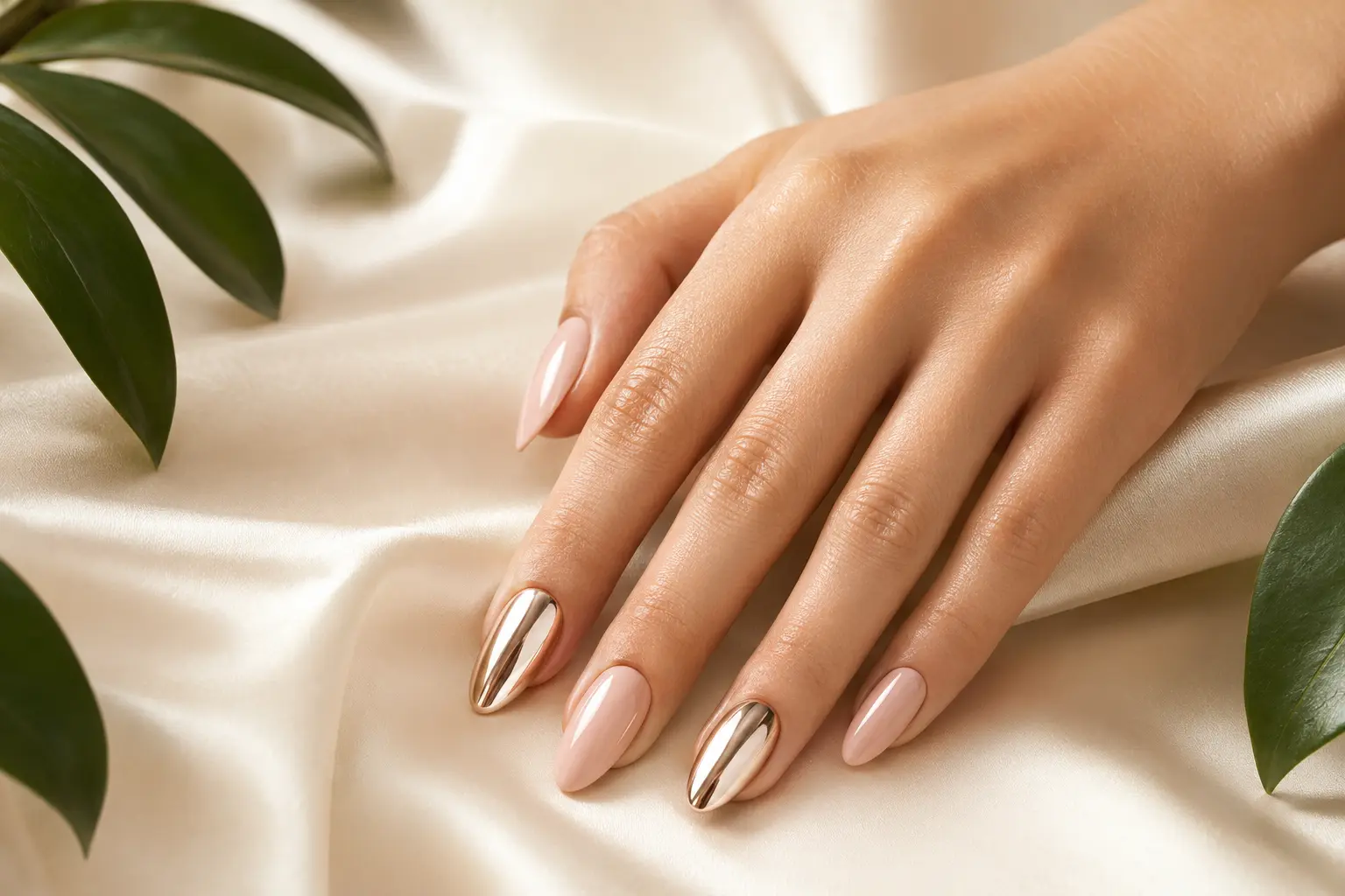 Glossy nude and champagne press-on manicure styled with deep green leaves.